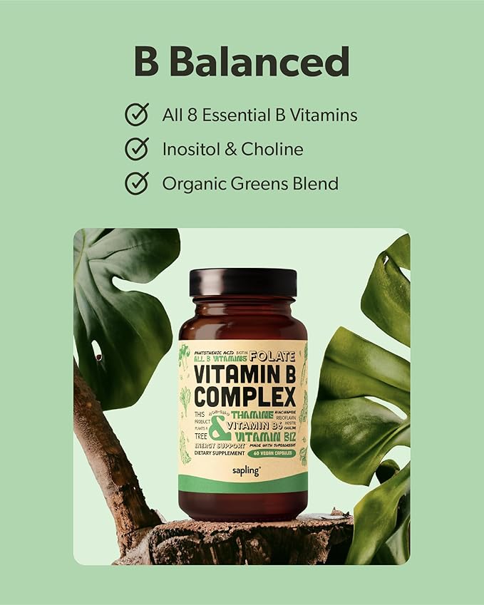 Vegan Vitamin B Complex - Whole Food Blend with Essential B Vitamins B1, B2, B3, B5, B6, B7, Folate, B12-60 Caps