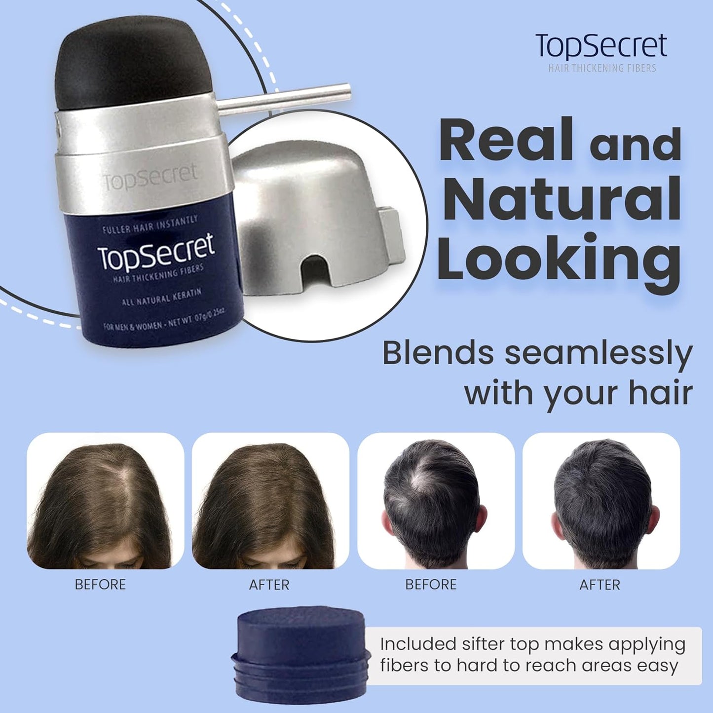Top Secret Hair Thickening Building Fibers Applicator Included - Undetectable & Natural Hair Filler for Men & Women - Instantly Fill In Thinning Hair - Weather & Sweat Resistant (Dark Brown, Travel)