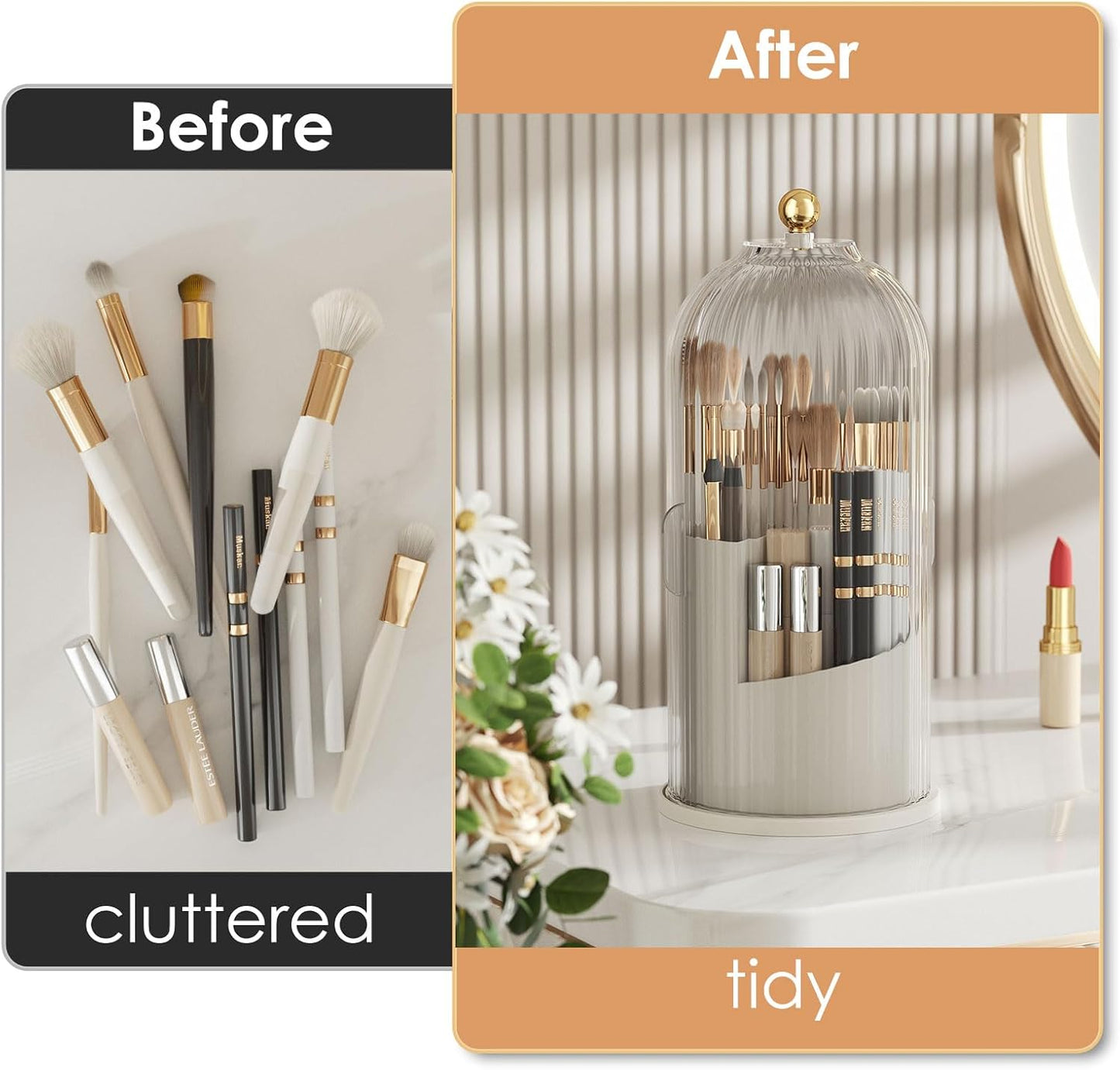 Makeup Brush Holder with Lid 360 Rotating Clear Dustproof Make Up Organizers for Vanity Bathroom Countertop, Transparent