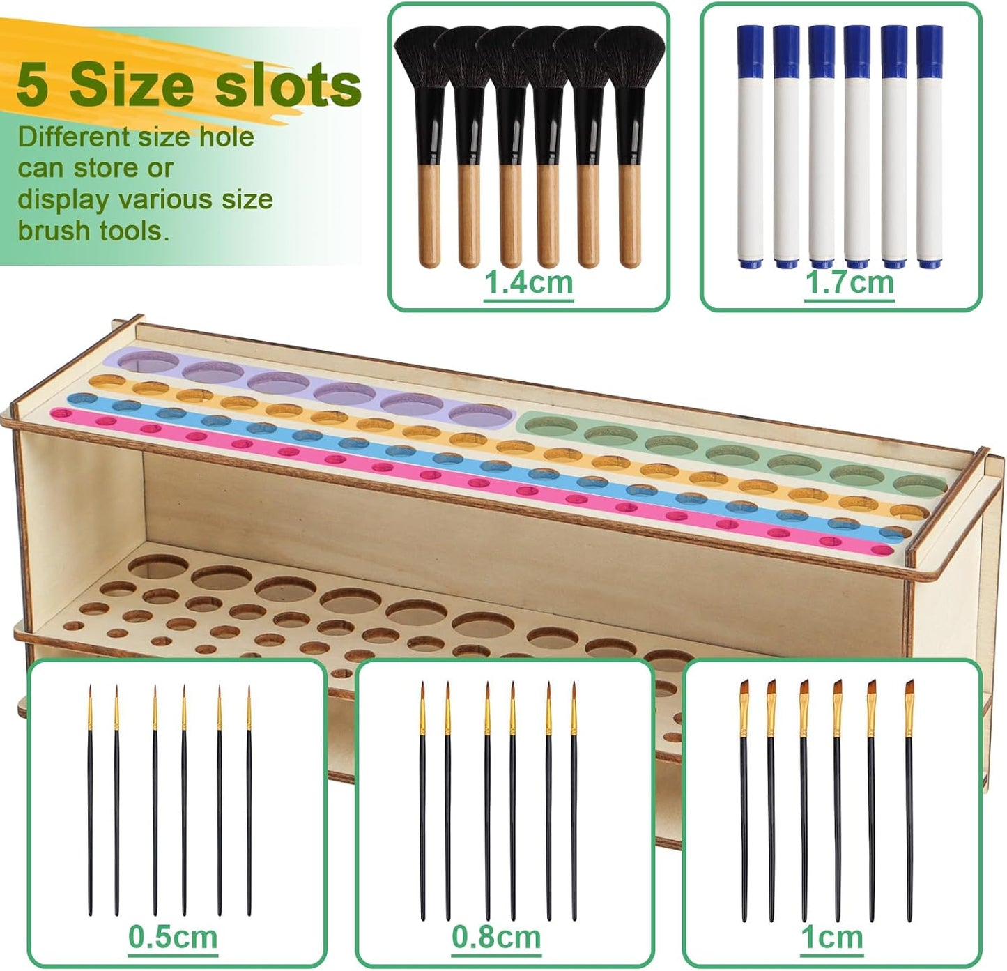 Wooden Paint Brush Holder Artist Brush Holder 67 Hole Paintbrush Holder Desktop Organizer Wood Paint Brush Rack for Pens Pencils and Art Tools