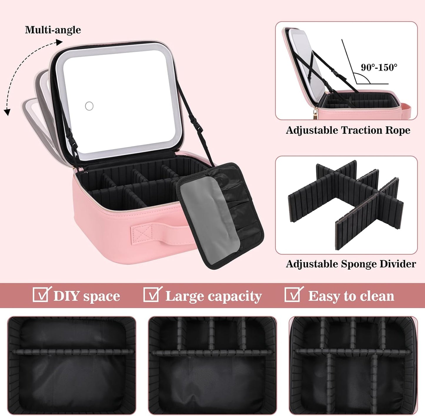 Makeup Case with LED Mirror,Makeup Organizer Bag Travel Makeup Case Large Makeup Bag With Rechargeable Mirror 3 Color Lights Detachable Mirror for Women Beauty Tools Accessories（Pink）