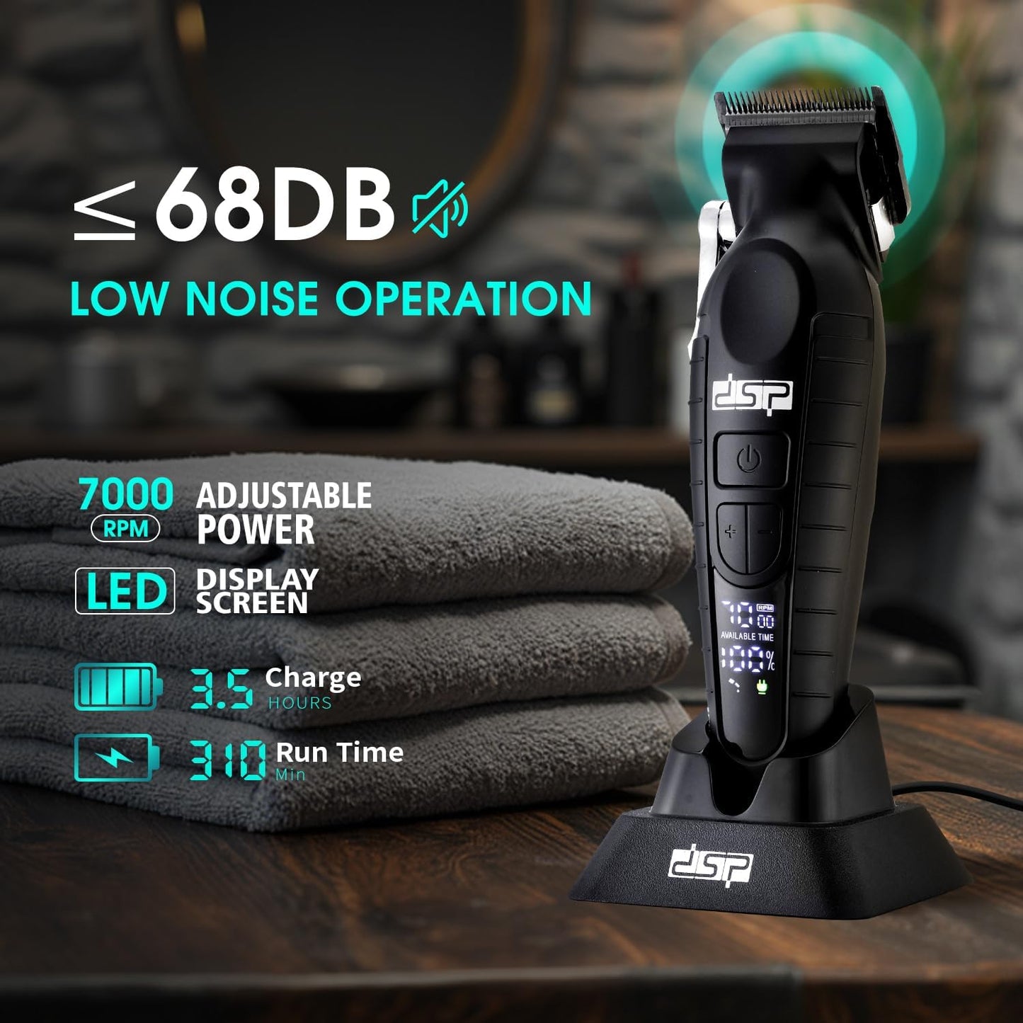 DSP Professional Hair Clipper for Men, Cordless Barber Clippers DLC, 7000RPM, Speeds Adjustable, Travel Lock, Low Noise with Charging Base