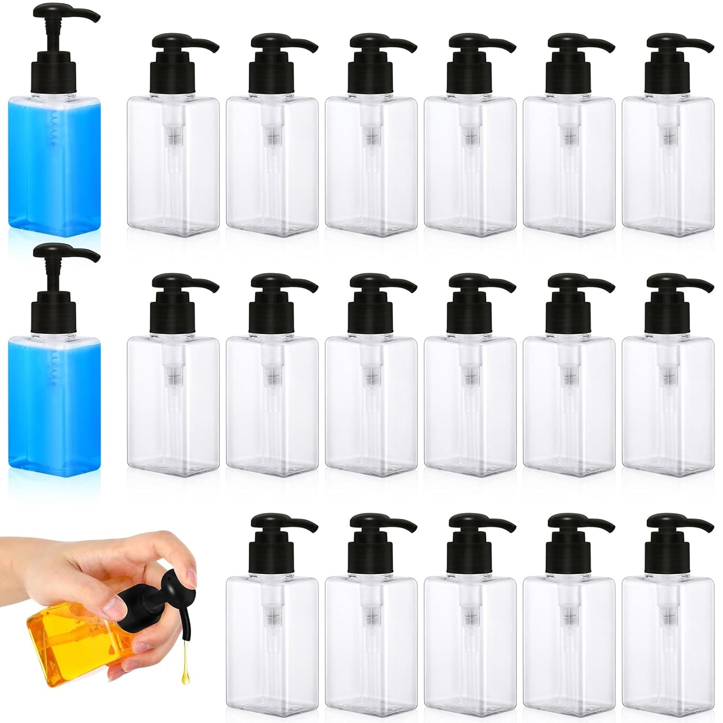 Domensi 24 Pcs 100ml /3.4 oz Pump Bottle Mini Travel Bottles Small Dispenser Containers Plastic Pump Lotion Dispenser Empty Square Travel Size Containers Toiletries (Black)
