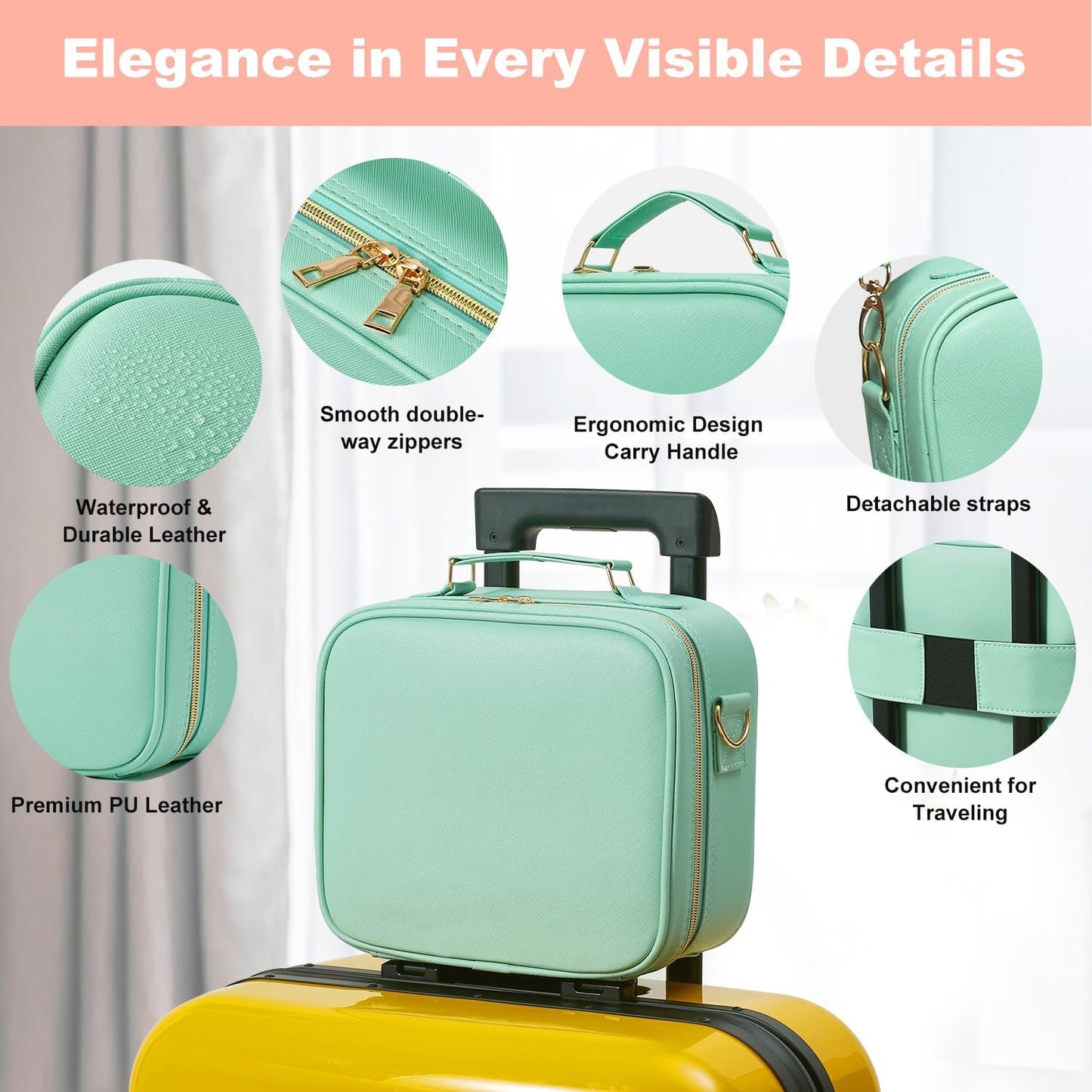 Mocado Travel Makeup Bag with LED Lighted Mirror, Travel Makeup Organizer, Makeup Case with 3 Color Lighted Setting and 10x Magnifying Mirror, Portable Storage and Adjustable Dividers (Powdery Green)