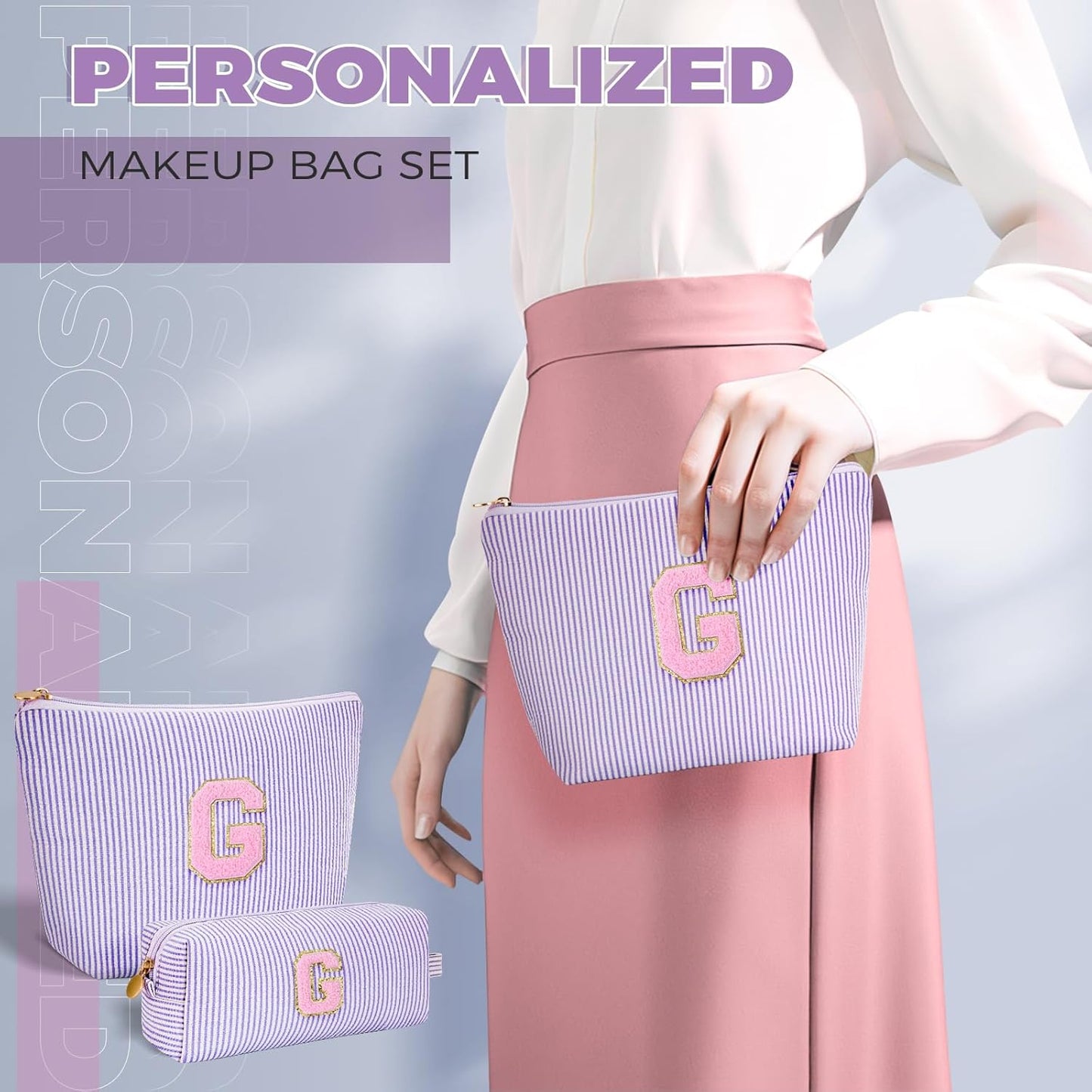 Personalized Makeup Bag for Women Girls - Fashion Cosmetic Bag Trendy Travel Toiletry Bag with Initials Letter - Teen Gifts - Lavender,G