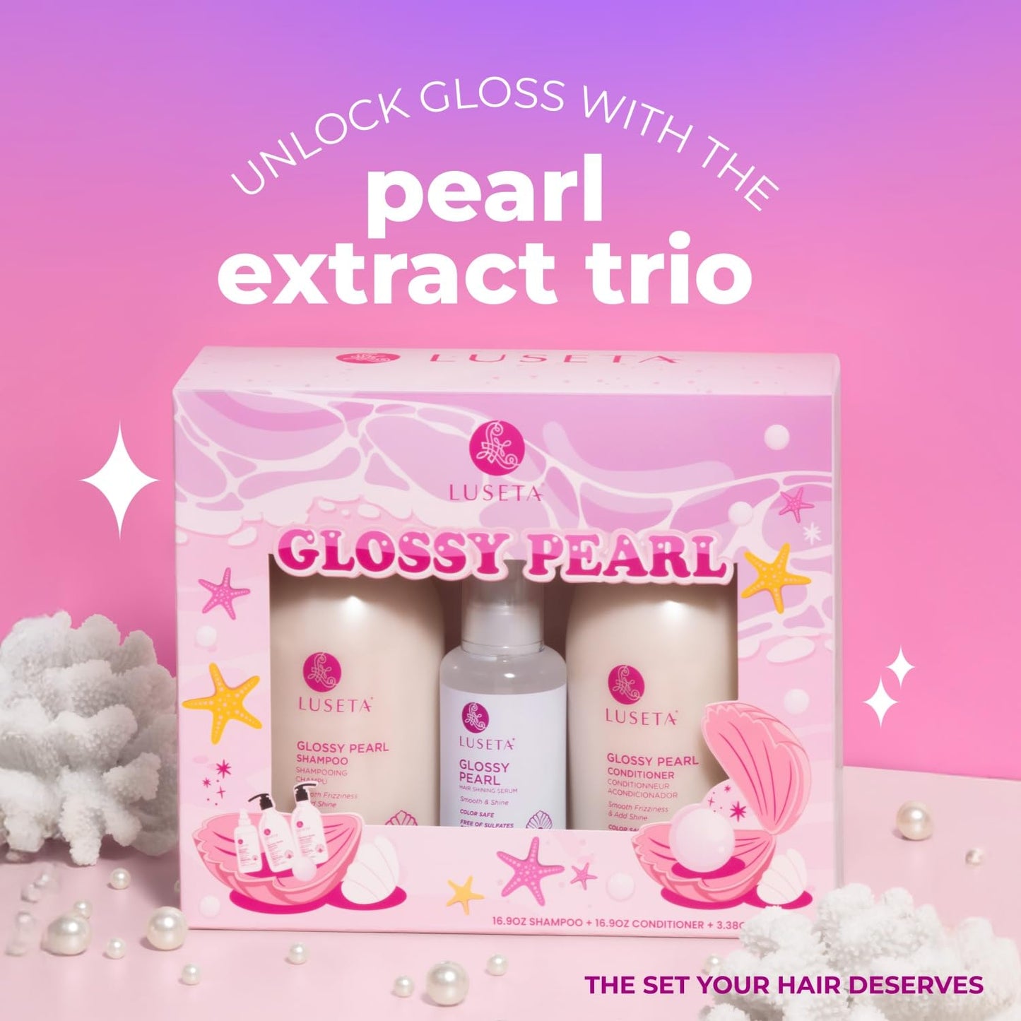 Luseta Glossy Pearl Trio Hair Care Set Smoothing & Moisturizing Shampoo and Conditioner Hydrating Hair Oil Detangle,Nourish Strands Add Shine