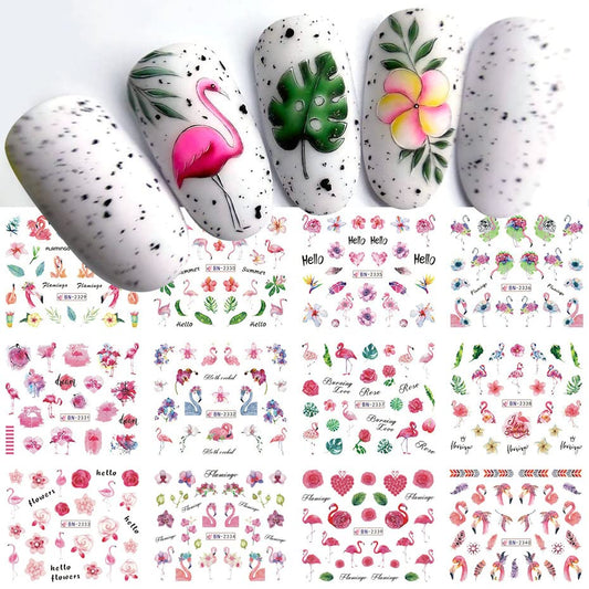 Flamingo Nail Art Stickers Water Transfer Nail Decals Summer Nail Art Decoration Palm Leaves Flowers Cactus Designs Acrylic Nail Stickers Manicure for Women DIY Nails 12 Sheets