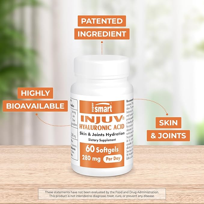 Supersmart - Injuv Hyaluronic Acid 280mg per Day (Highly Bioavailable) - Patented Hyaluronic Acid HA Supplement - Skin & Joints | Gluten Free - 60 Softgels