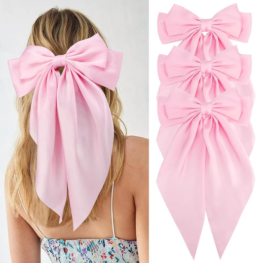 Velscrun 3Pcs Hair Bows for Women Pink Hair Bow Big Hair Bows Clips for Girls Silky Satin Large Hair Ribbons Oversized Long Tail Hair Bows Hair Barrettes Hair Accessories Christmas Gifts