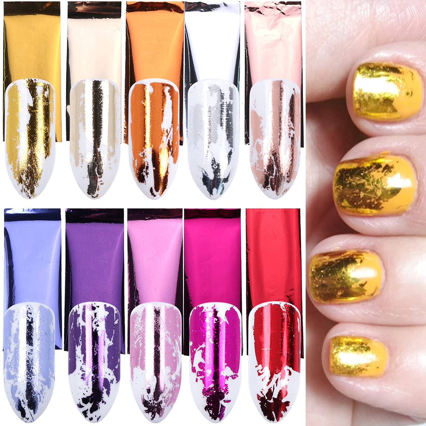 14 Sheets Gold Nail Foils Transfer Stickers - Holographic Effect Metallic Nail Art Foil Stickers in Color Gold and Silver