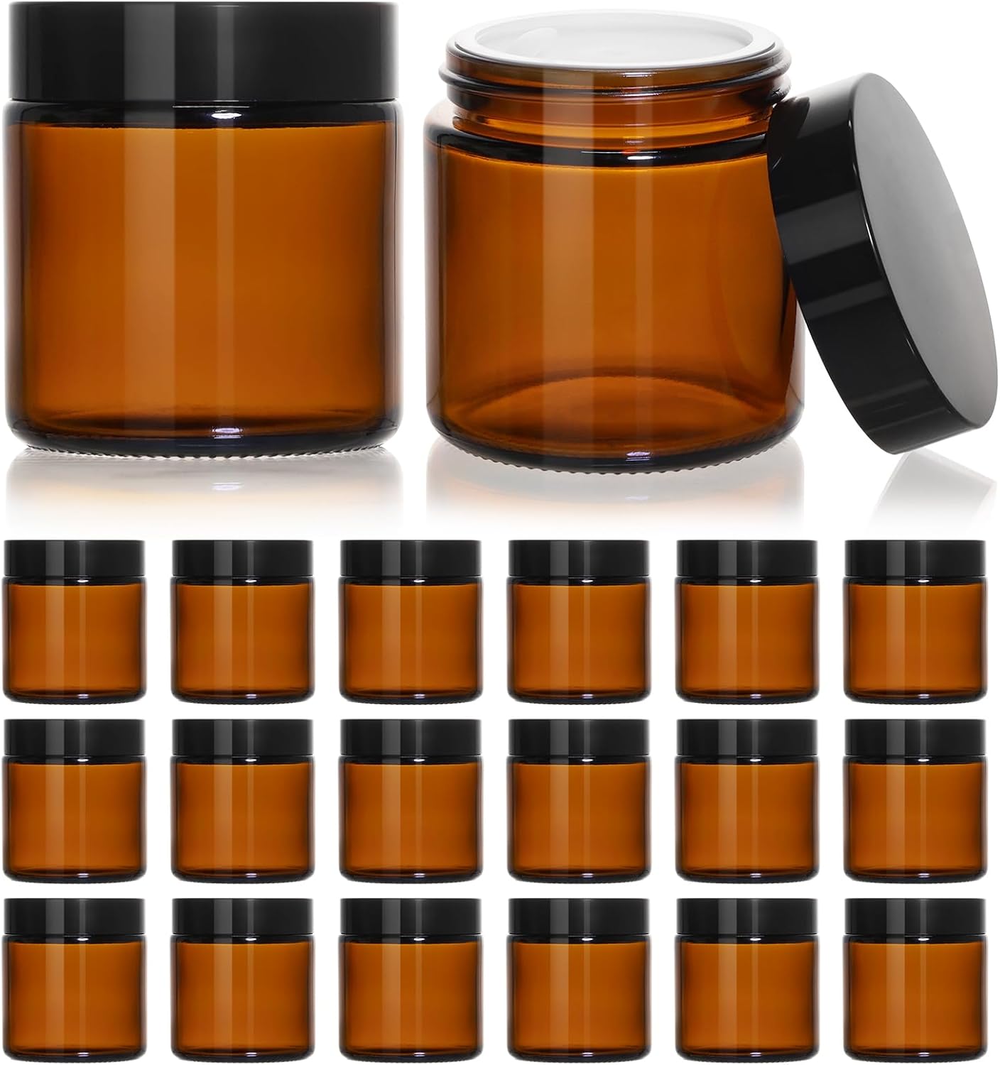 KEYWING 4oz Small Glass Jars with Black Lids, 18 Pack Amber Empty Cosmetic Containers Round Glass Jar with Inner Liners for Creams, Lotions, Powders and Ointments