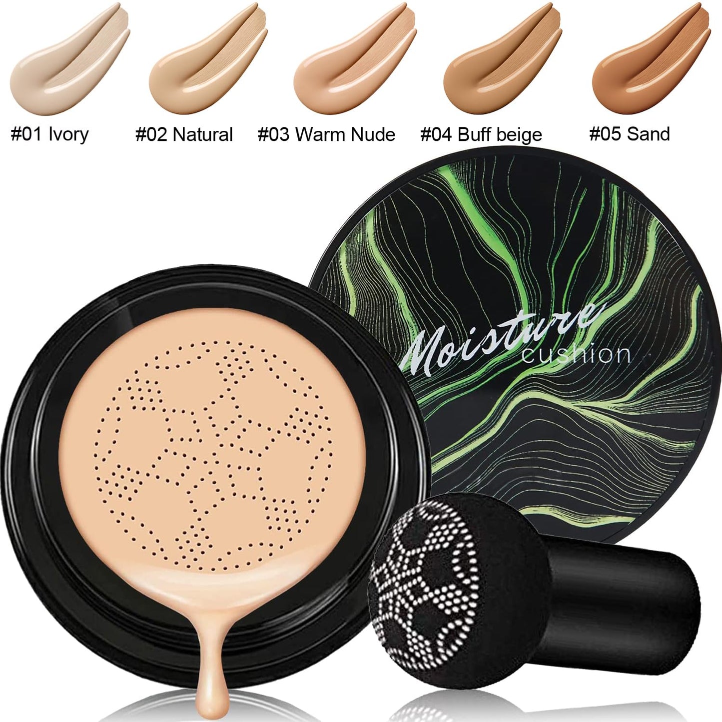 PHOERA Full Coverage Makeup Set - Mushroom Head Air Cushion CC Cream, Concealer, Primer, Powder & Foundation Brushes (105 Sand + 05 Sand CC)