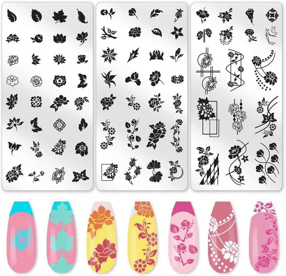 3Pcs Vintage Floral Nail Stamping Plate Set Peony Roses Flower Vine Steel Nail Stamp Templates Clear Silicone Nails Stamping with Stamper Scraper for Manicure Printing