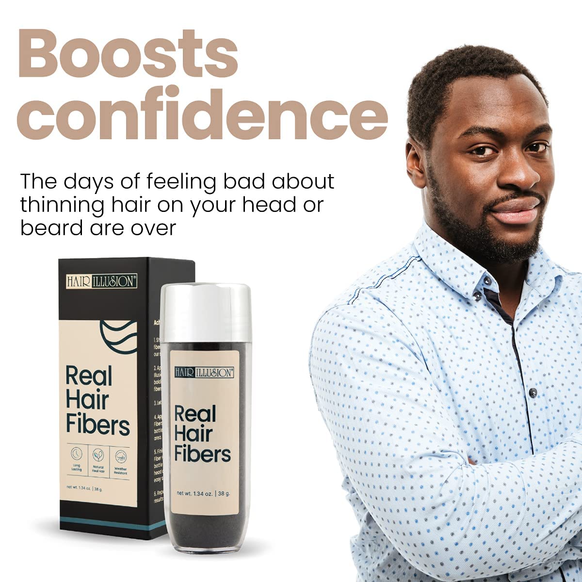 Hair Illusion 100% Natural Human Hair Fibers Not Synthetic for Men and Women, Premium Hair Building Formulation, Large, 38 g Bottle, Jet Black