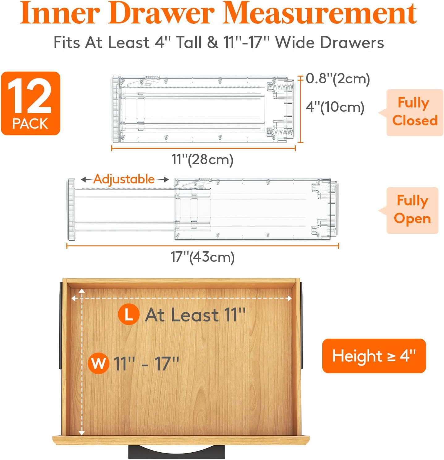 Lifewit Clear Drawer Dividers Adjustable Clothes Drawer Organizers, Expandable Drawer Separators, 12 Pack, 4" High/11-17 Long