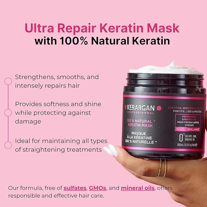 KERARGAN - Ultra Repairing Hair Mask with Keratin for Damaged and Stressed Hair - Strengthens, smooths, and protects - Sulfate-Free, GMO-Free, Mineral Oil-Free - 16.9 fl oz