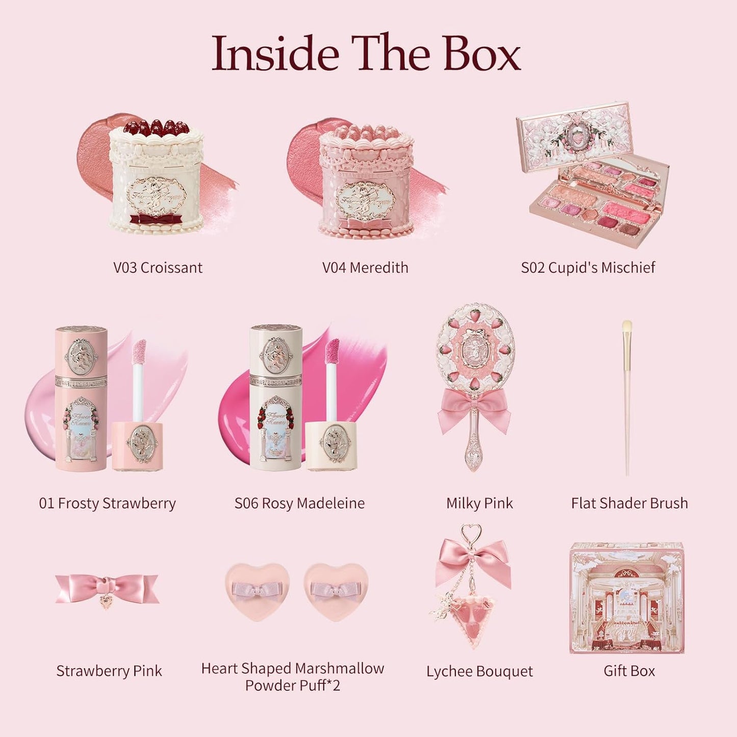 Flower Knows Strawberry Cupid 12-Piece Makeup Gift Box Set,Lip Cream×2+Liquid Blush×2+Makeup Palette×1+Hand Mirror×1+Solid Perfume×1+Hair Clip×1+Cushion Powder Puff×2+Eyeshadow Brush×1+Gift Box×1