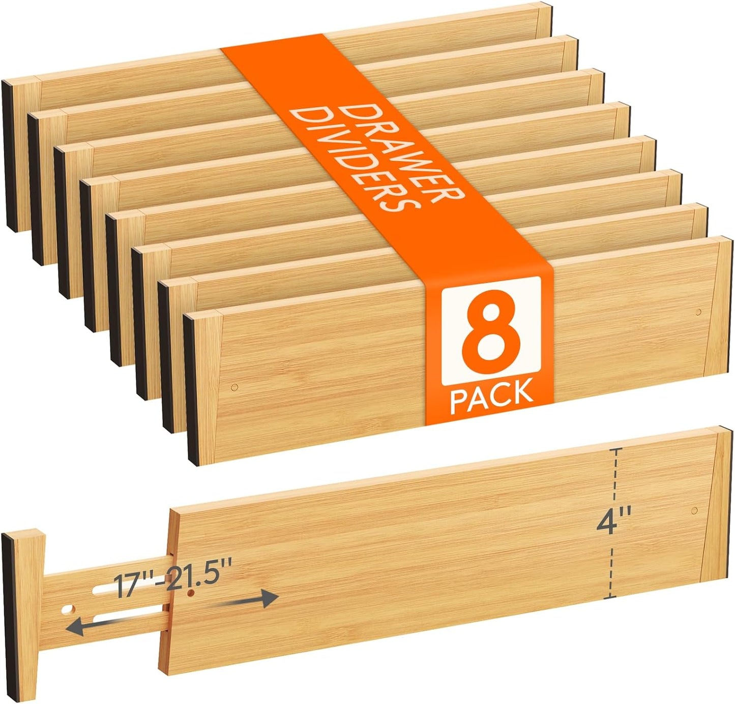 Lifewit 8 Pack 4" High Bamboo Drawer Dividers, 17-21.5" Adjustable Drawer Organizers for Clothes, Wood Dresser Drawer Divider, Expandable Deep Drawer Separators for Dresser, Kitchen, Bedroom, Bathroom
