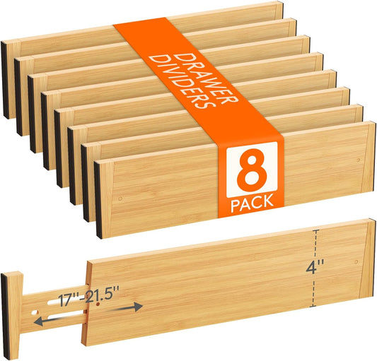Lifewit 8 Pack 4" High Bamboo Drawer Dividers, 17-21.5" Adjustable Drawer Organizers for Clothes, Wood Dresser Drawer Divider, Expandable Deep Drawer Separators for Dresser, Kitchen, Bedroom, Bathroom