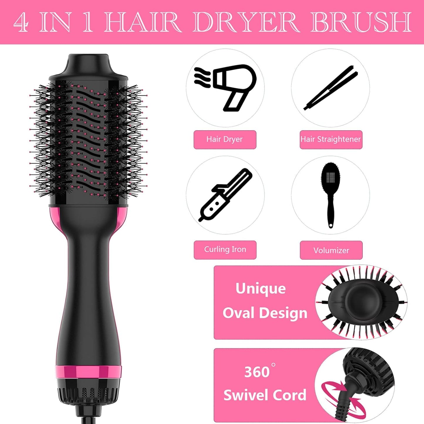 Hair Dryer Brush, 4 in 1 One Step Hair Dryer and Styler Volumizer, Professional Hot Air Brush with Negative Ion Anti-frizz Blowout for Drying, Straightening, Salon, Black Pink