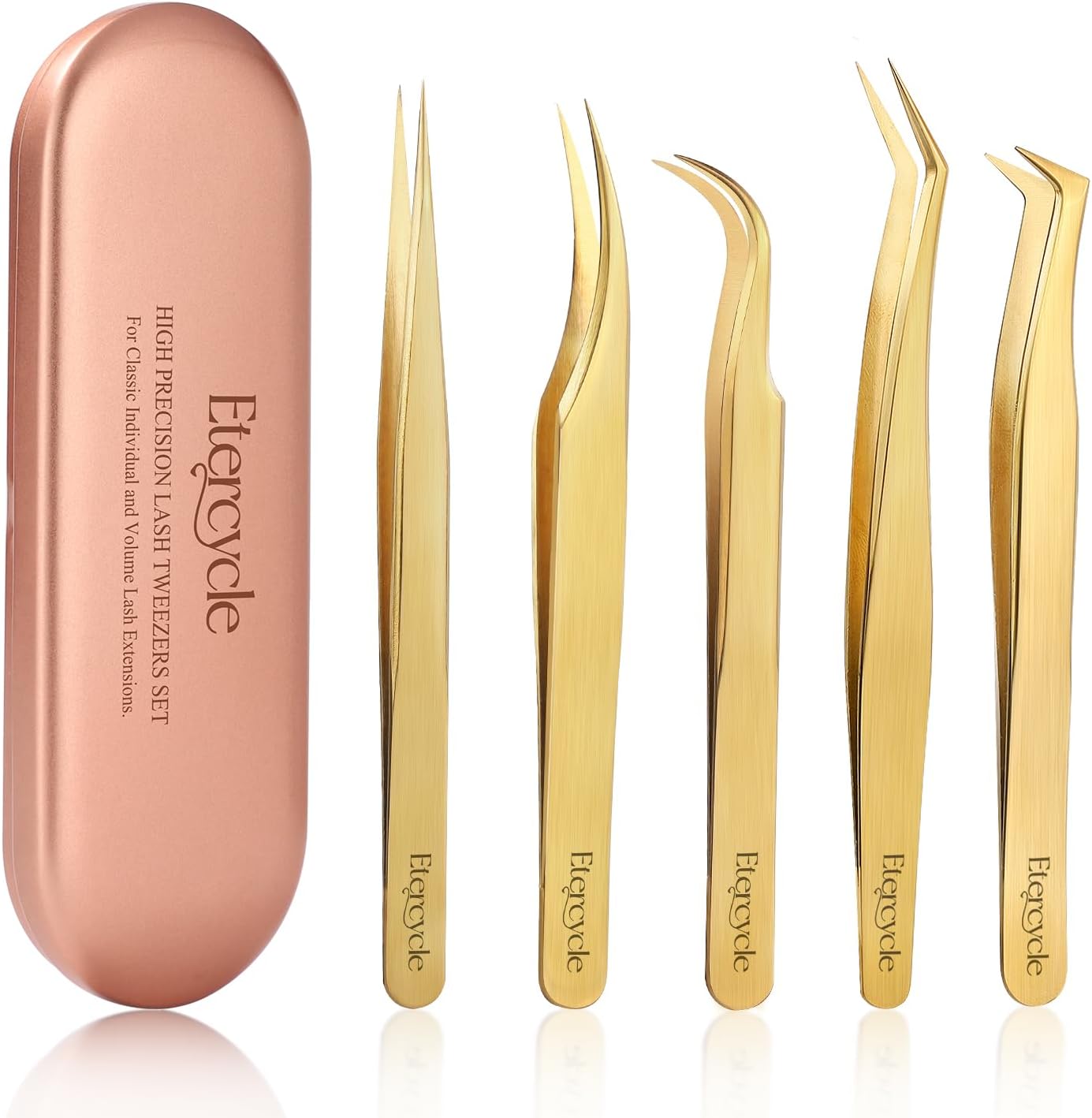 Etercycle High Precision Lash Tweezers Set - Includes 5 Stainless Steel Eyelash Tweezers for Classic Individual and Volume Lash Extensions. Complete with Storage Box