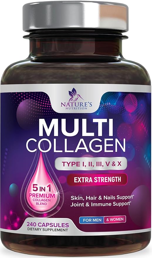 Collagen Peptides for Women & Men - Type I, II, III, V, X Multi Collagen Pills, Hydrolyzed Collagen Peptides Supplements, Nature's Hair, Skin, Nail, and Joint Support Supplement, Non-GMO, 240 Capsules
