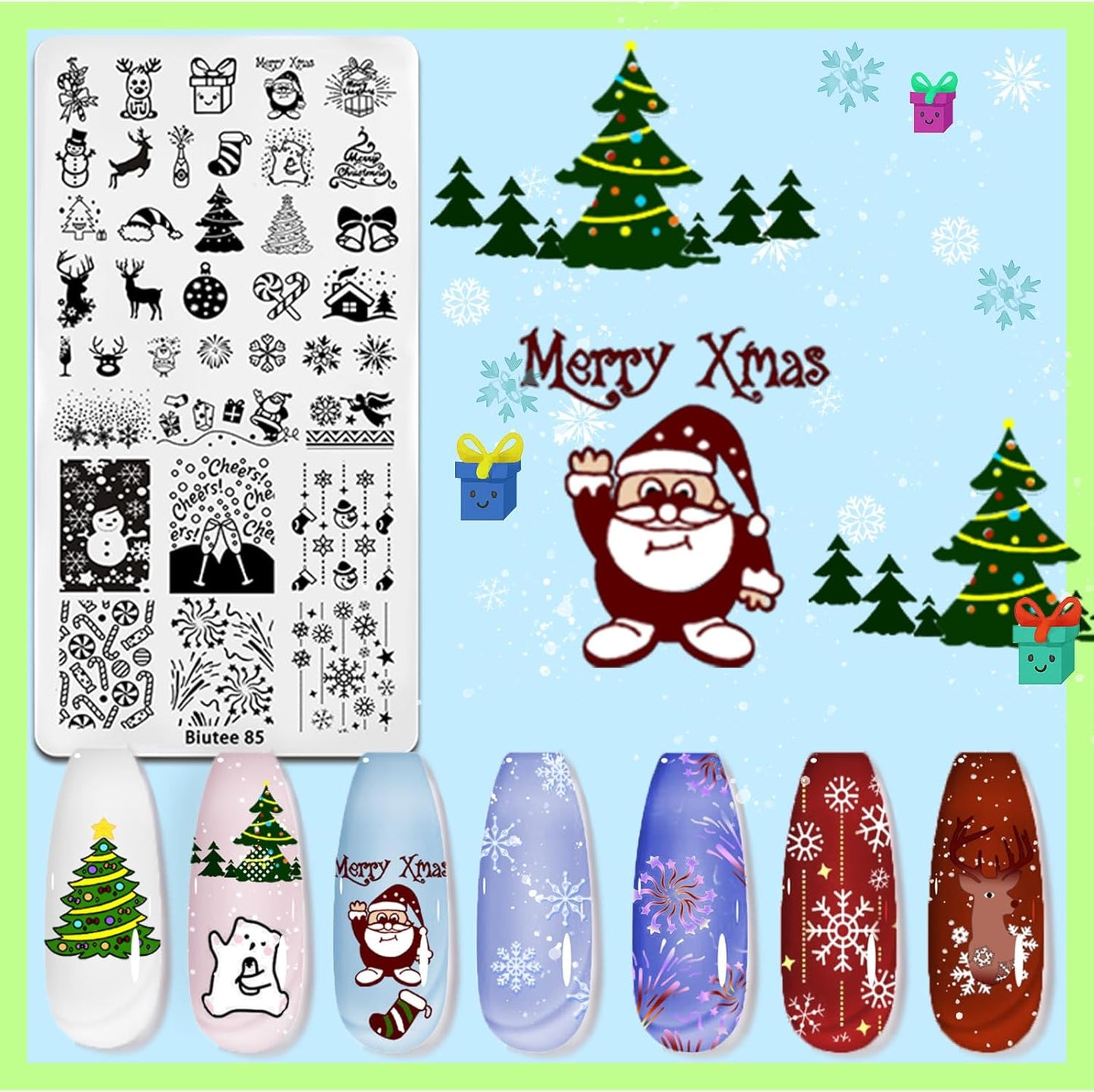 Biutee Nail Stamping Plates Set with 8 Colors Nail Stamping Polish Gel & Stamper - Winter Snowflake Santa Xmas Nail Art Set, Holiday Gift for Women & DIY Nails
