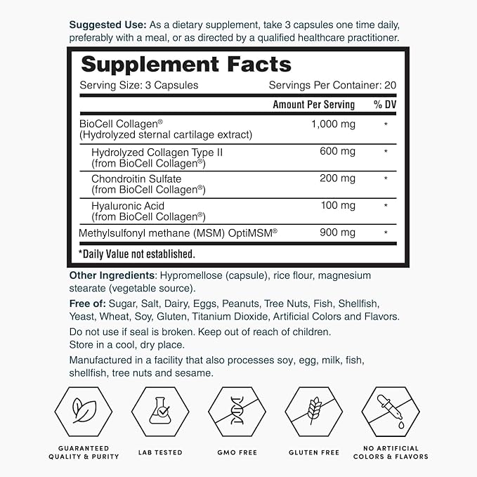 Nature's Lab Hyaluronic Acid with Biocell Collagen and MSM - Skin Hydration, Joint Health - 60 Capsules (20 Day Supply)