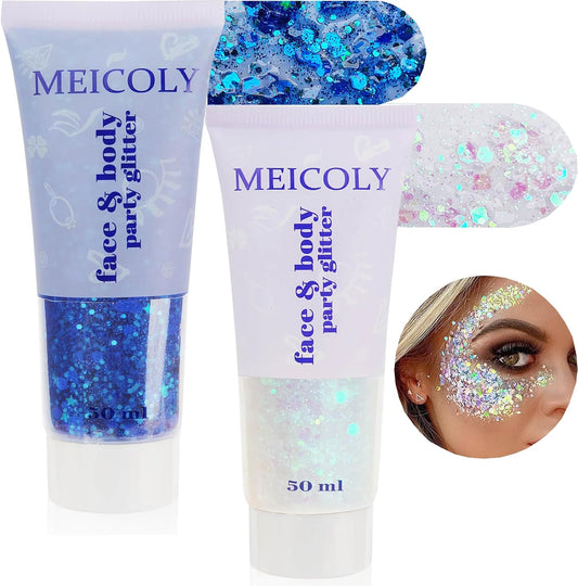 MEICOLY Blue and Clear White Face Body Glitter Set,Mermaid Face Glitter Gel,Singer Concerts Festival Rave Accessories,Sparkling Sequins Glitter Face Paint for Women and Kids,Chunky Glitter Makeup
