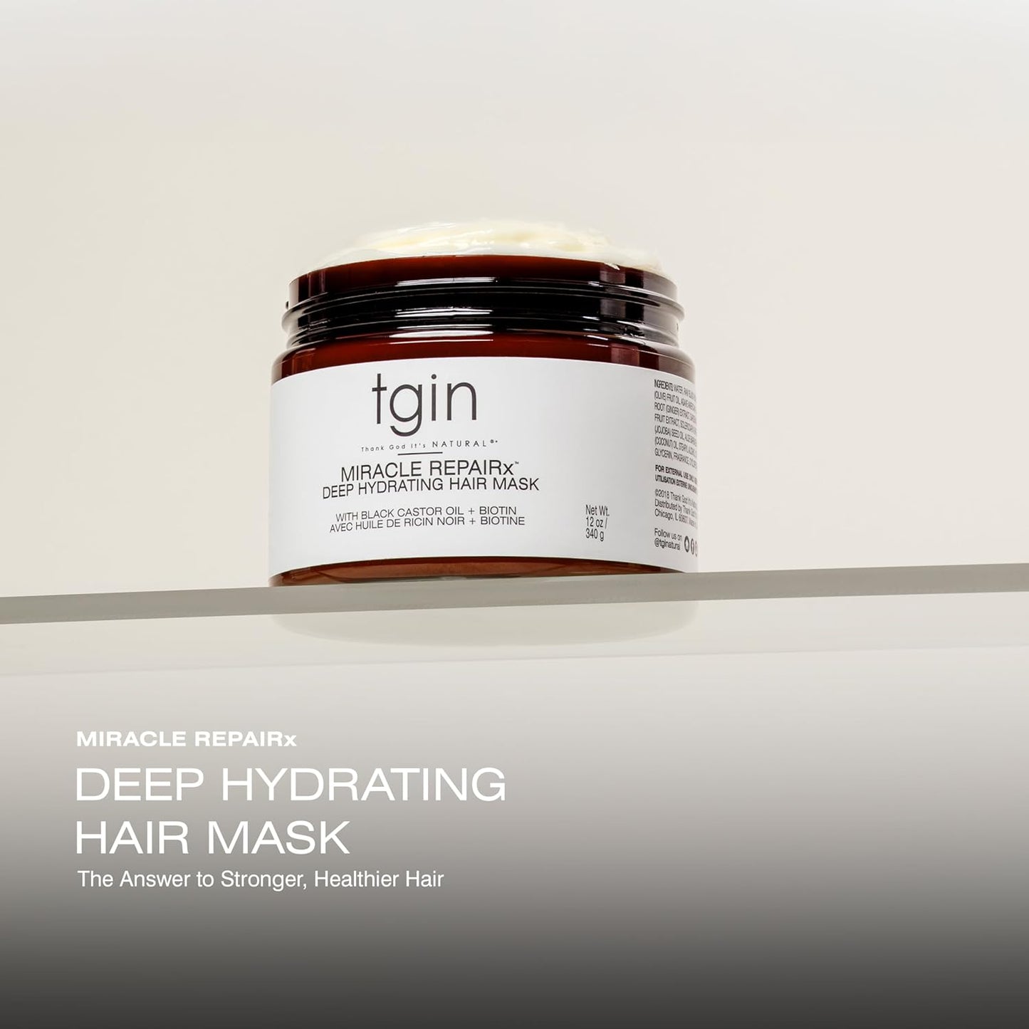 tgin Miracle RepaiRx Deep Hydrating Hair Mask for Curly, Coily and Wavy Hair, with Biotin and Black Castor Oil, Deep Moisture and Repair for Damaged, Color-Treated Hair, 12 oz