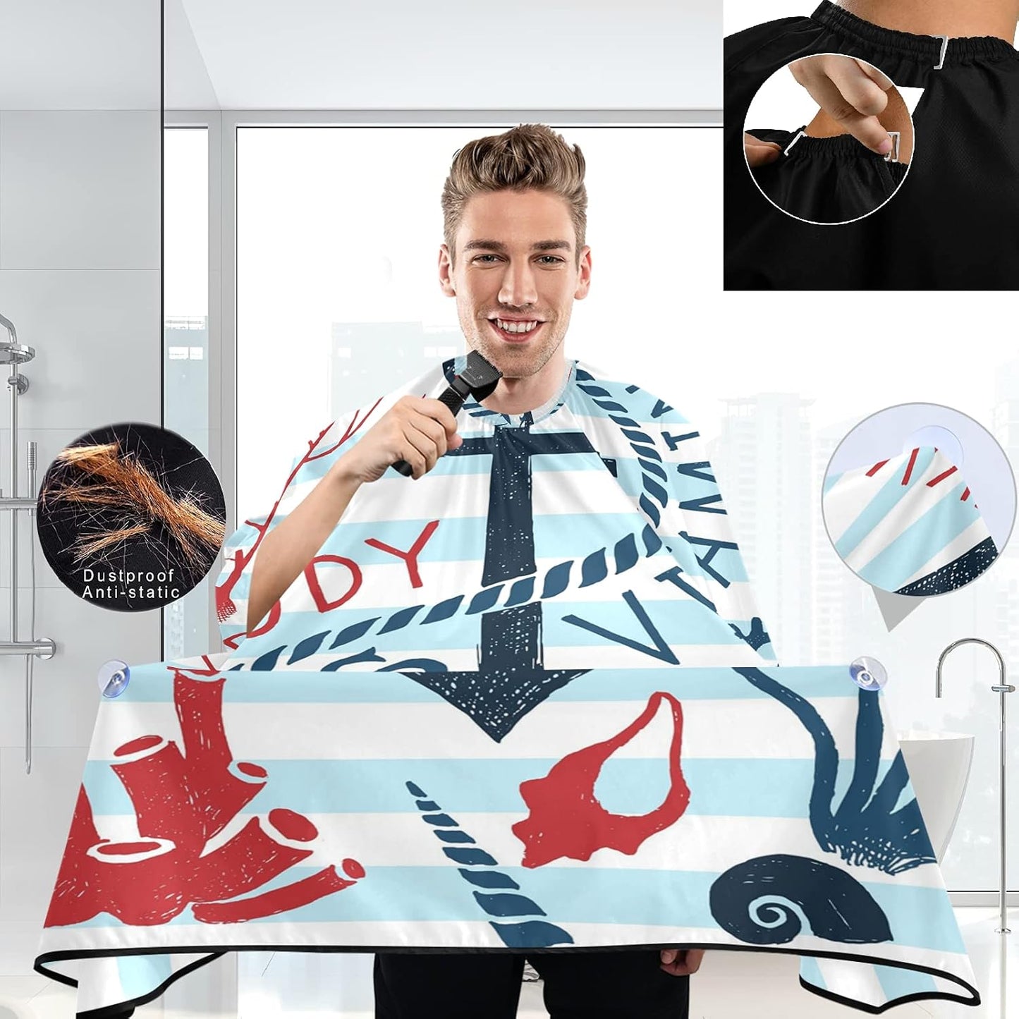 visesunny Barber Cape Anchor Blue Stripe Polyester Hair Cutting Salon Cape Apron Anti-Static Haircut Water-Resistant Shaving Cloth Beard Shaving Bib Hairdressing Cape