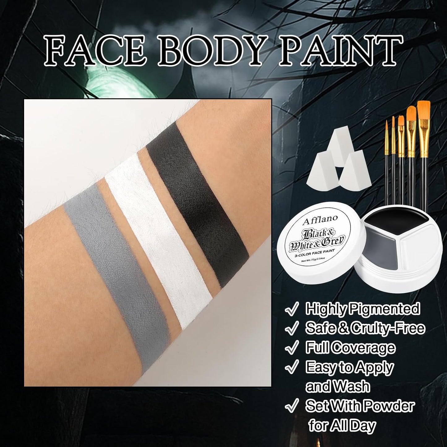 Black White Grey Face Body Paint, Halloween Ghost Skeleton Makeup Kit (3 Sponges + 5 Brushes), 9 Pcs Oil Based Full Coverage Smooth Face Painting Kit for Halloween SFX Clown Costume, Skull, Cosplay