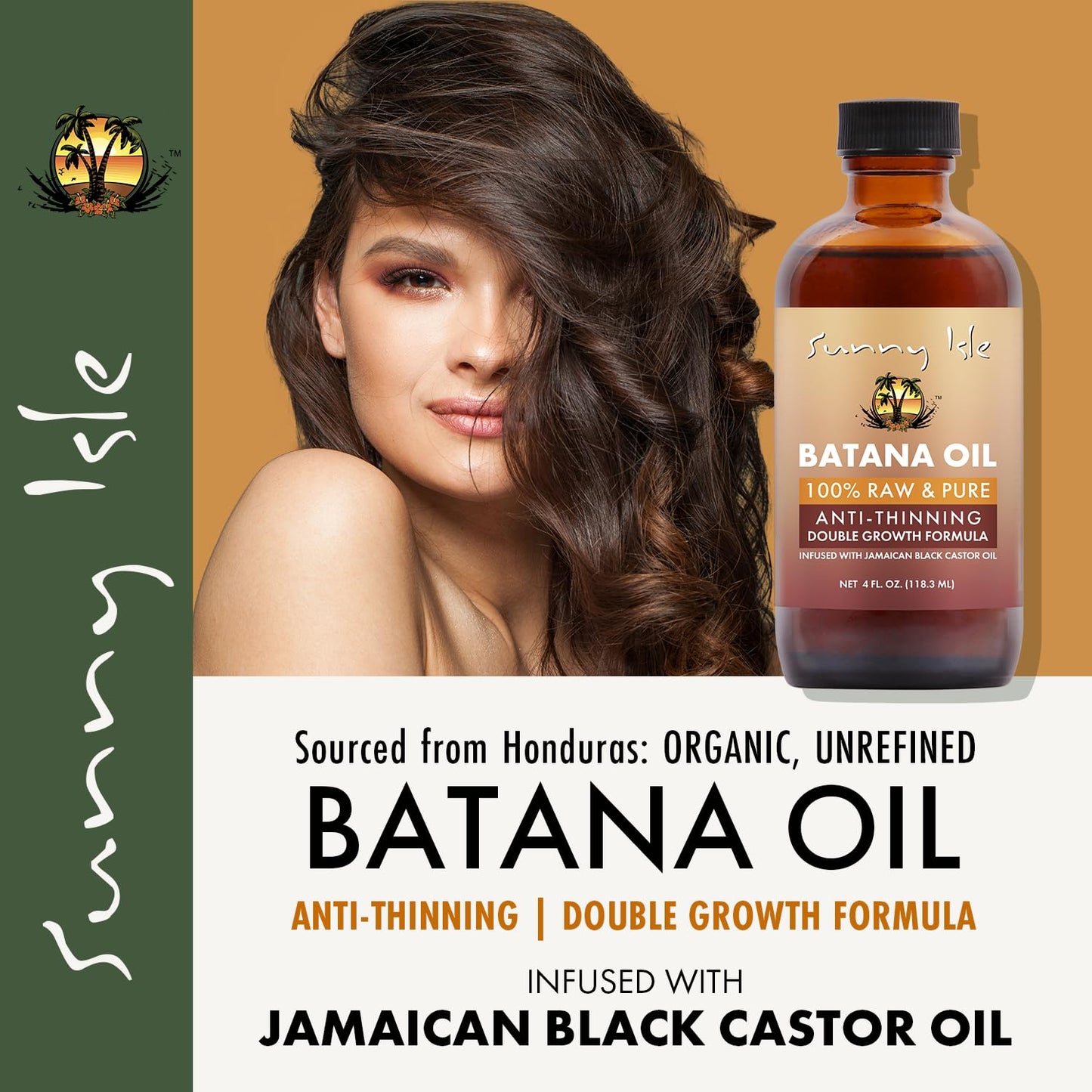 Sunny Isle Batana Oil Infused with Jamaican Black Castor Oil 4oz | Anti-Thinning Double Growth Formula