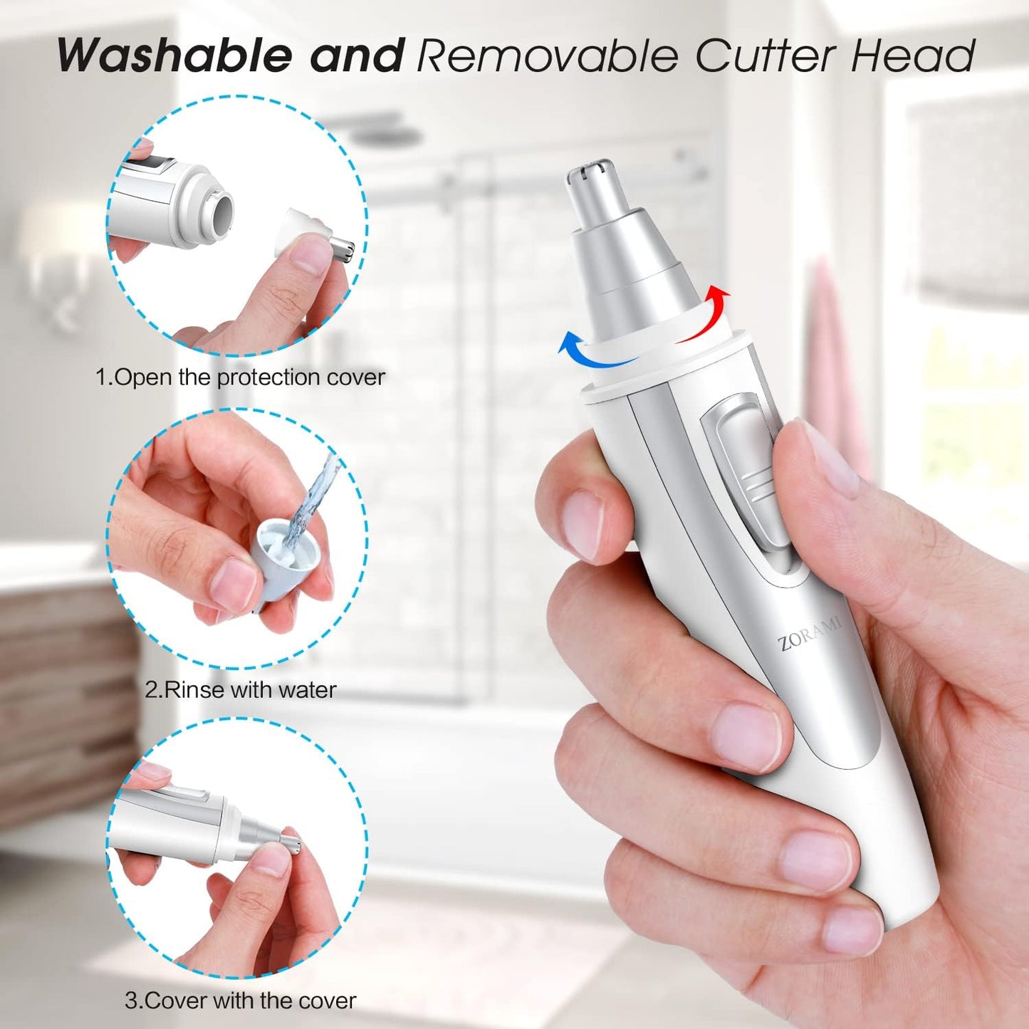 Ear and Nose Hair Trimmer Clipper - 2025 Professional Painless Eyebrow & Facial Hair Trimmer for Men Women, Battery-Operated Trimmer with IPX7 Waterproof, Dual Edge Blades for Easy Cleansing White