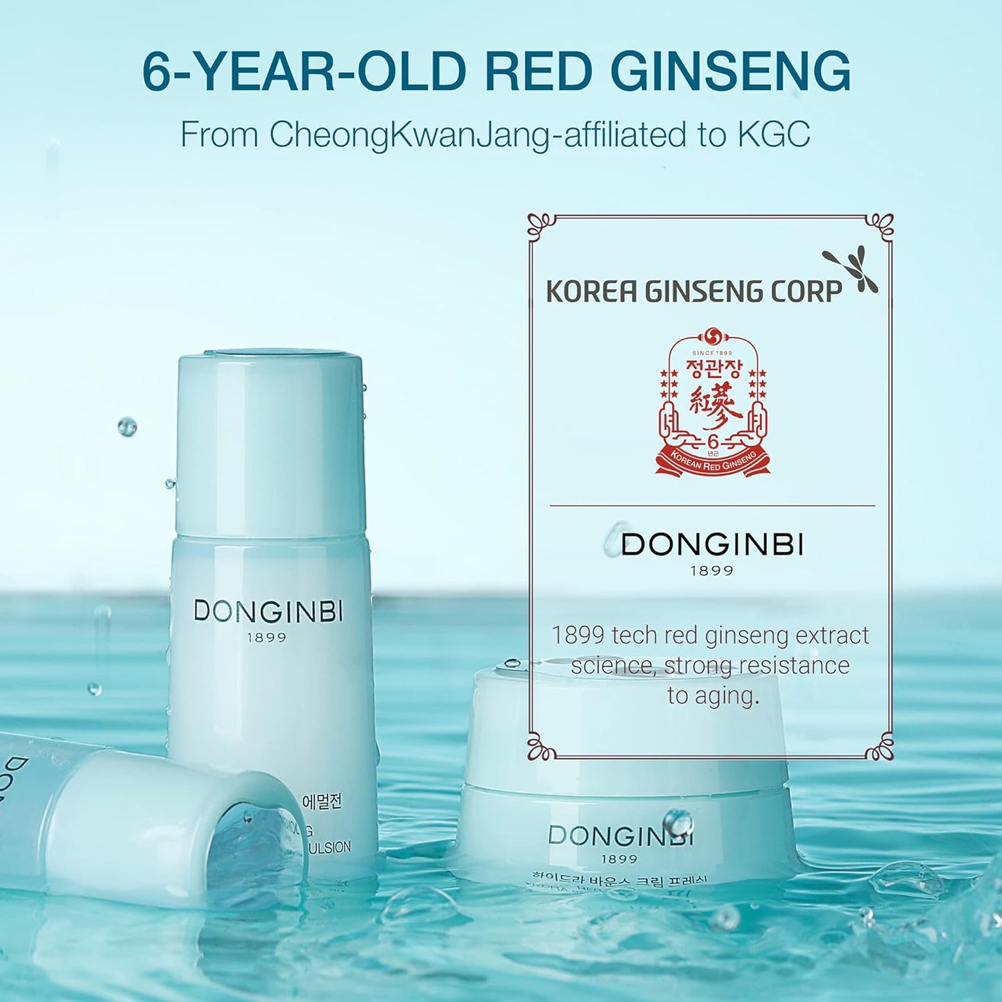 Donginbi Red Ginseng Hydra Bounce Cream Fresh Travel Kit - Hydrating Toner with Hyaluron Acid, Soothing & Firming Cream, Red Ginseng Essence, Korean Skin Care Set Gifts for Women