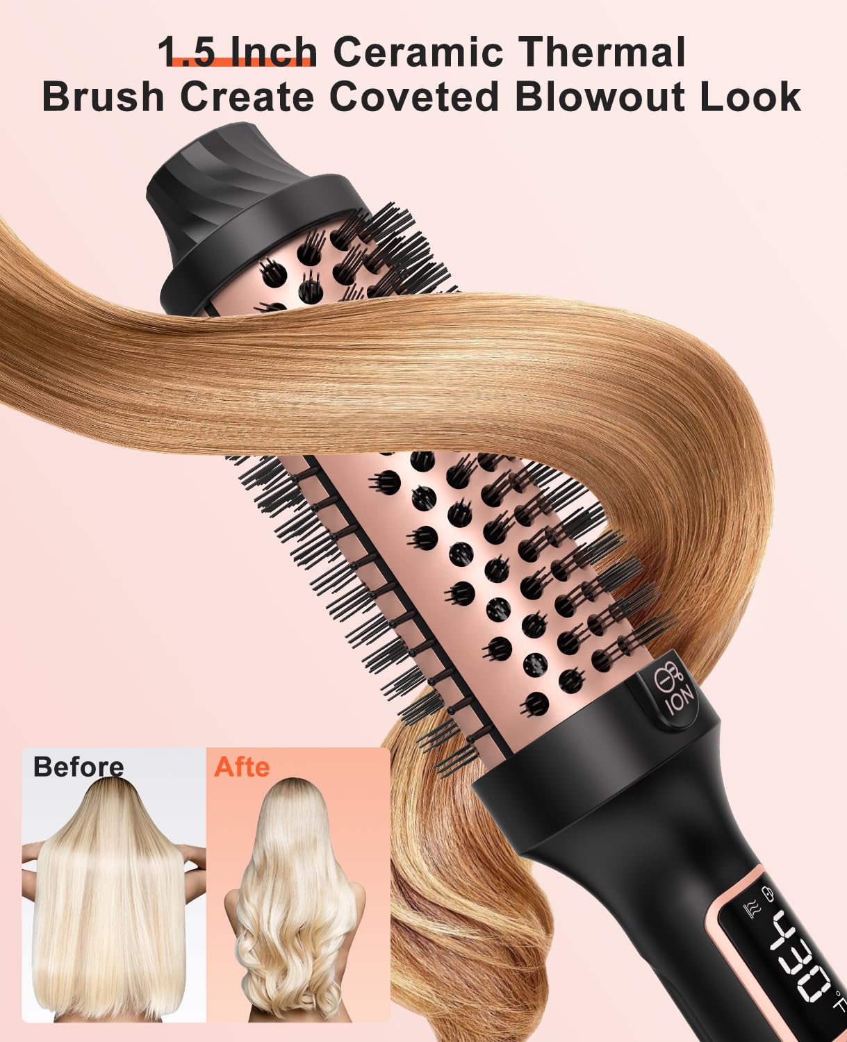 Nimmu Thermal Brush for Blowout Look, 1.5 inch Heated Round Brush, Curling Iron with 10 Temperature Control, Hot Styler Dual Voltage for Travel, Black Gold