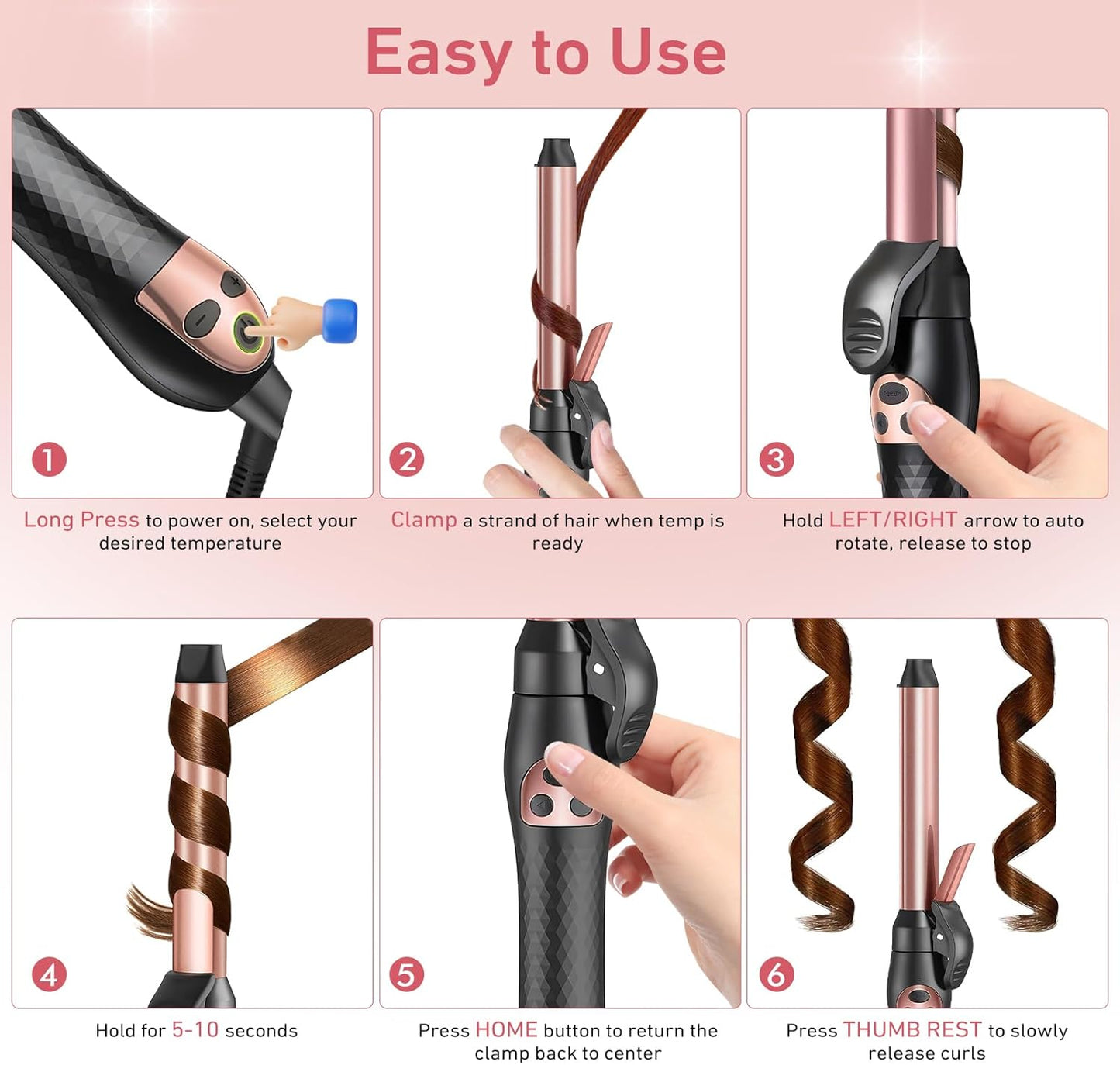 Automatic Rotating Curling Iron 1-Inch - Self-Curl for Beach Waves & Thick Hair, Adjustable Temp 250°F-430°F + Dual Voltage Travel Iron - Salon Results for Beginners (Rose Gold)