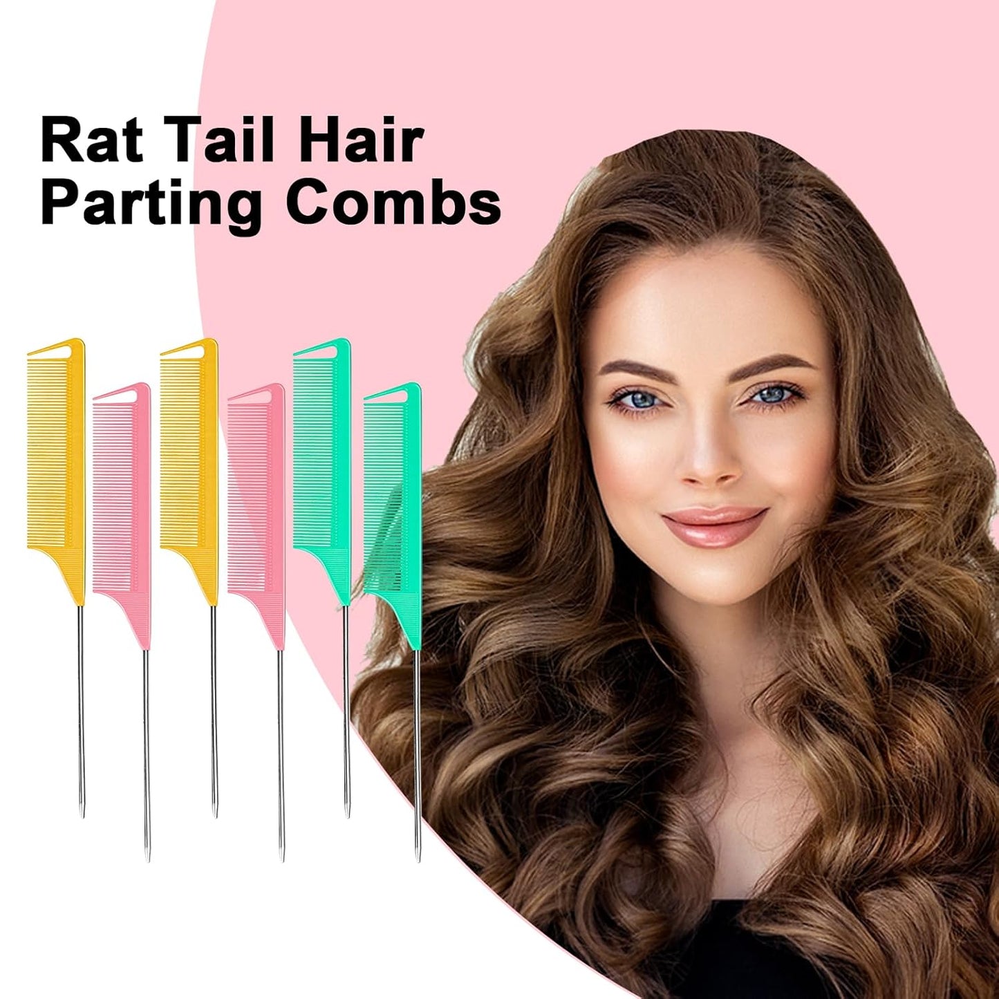 6 PCS Rat Tail Hair Parting Combs - Steel Pin Rat Tail Teasing Fine Tooth Comb Set for Women,Rattail Styling Metal Comb with Stainless Steel Pintail,Carbon Heat Resistant Comb for Curly Braiding Hair