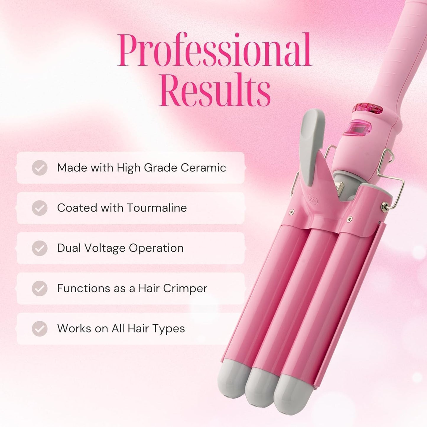 Alure Three Barrel Curling Iron Wand Hair Waver with LCD Temperature Display - 1 Inch Ceramic Tourmaline Triple Barrels, Dual Voltage Crimp (White/Pink)