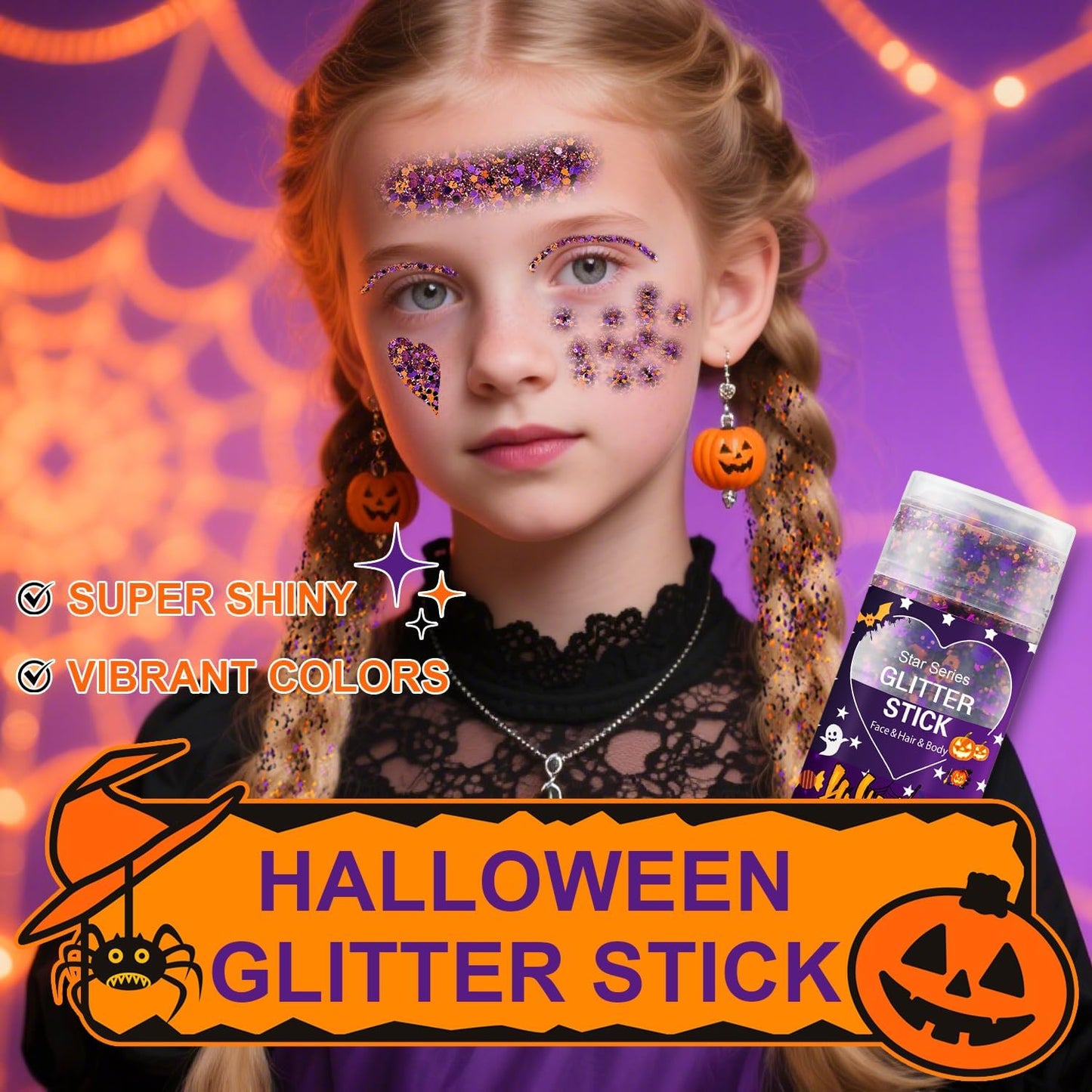 Halloween Body Glitter Stick, Black Purple and Orange Face Glitter Accessories for Rumi Costume and Rumi Cosplay, Waterproof Face Hair Glitter Makeup, Hallows' Eve Glitter Makeup for Kids and Women