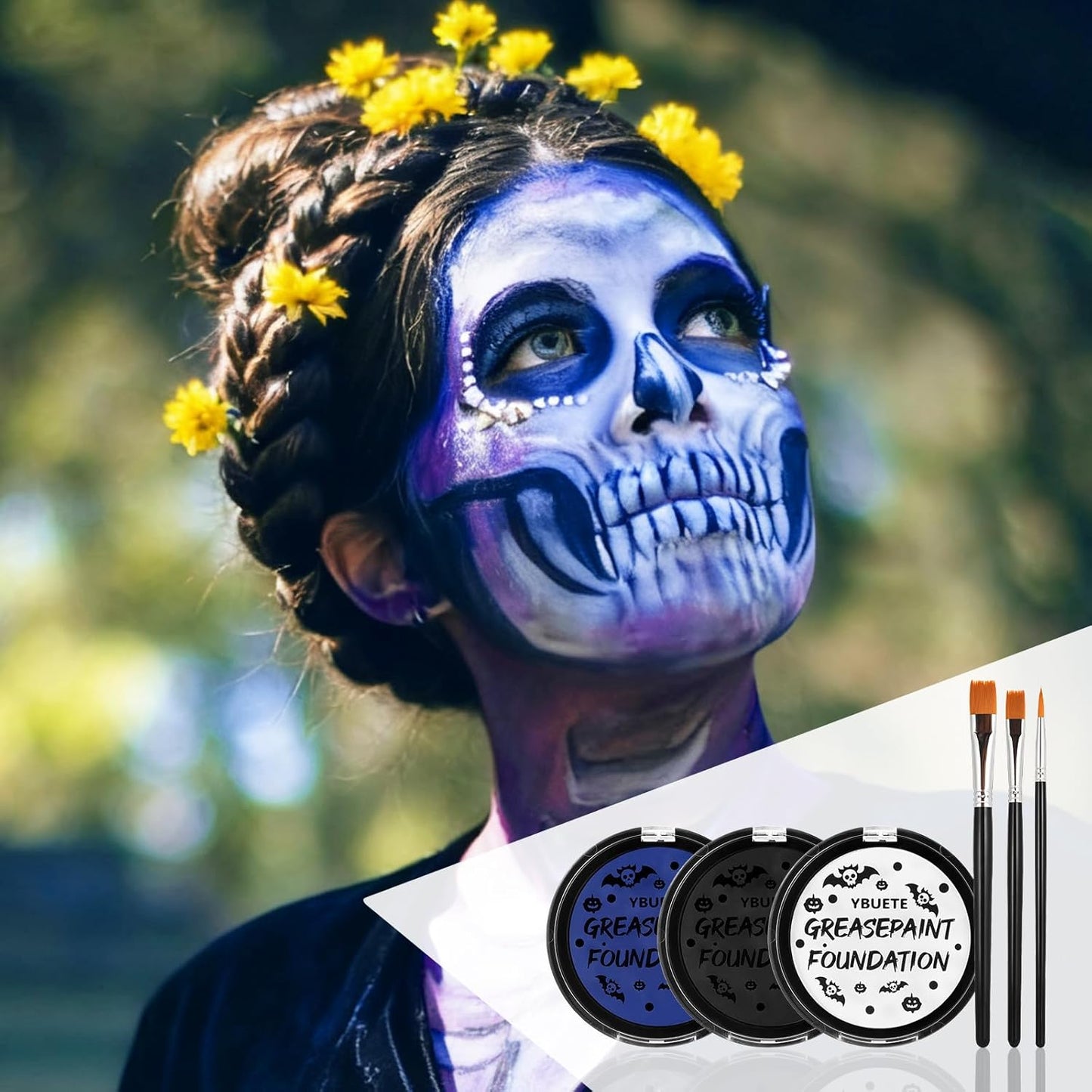 Blue Black White Oil Based Face Paint Kit with Painting Brushes, Professional Full Coverage Greasepaint for Adults Halloween Cosplay SFX Avatar Smurf Mermaid Makeup Stage Theater