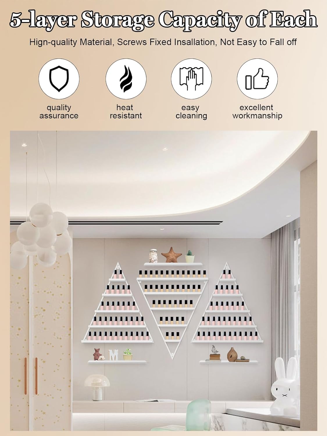 EBANKU 6PCS Nail Polish Racks 5 Tiers Nail Polish Shelf for Wall Triangular Display Rack Cosmetic Display Cases Lipstick Perfume Wall Shelf Essential Oil Organizers for Home Spa Nail Salon Shop(White)