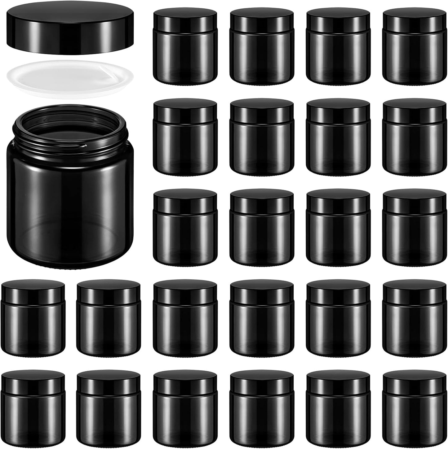 Norme 24 Pcs 4 oz Glass Jars with Lids Leakproof Round Airtight Empty Cosmetic Jars with Inner Liners Lid for Storing Lotions Powder Ointments Candle Making Tins (Black)
