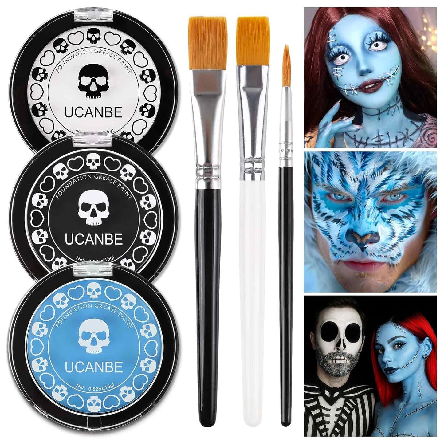 White Black & Light Blue Face Body Paint for Halloween Sally & Corpse Bride Makeup, Non-Toxic Face Painting Kit with Brushes for Kids Adults Smurf Avatar Mermaid & Demon Costume Cosplay SFX Make Up