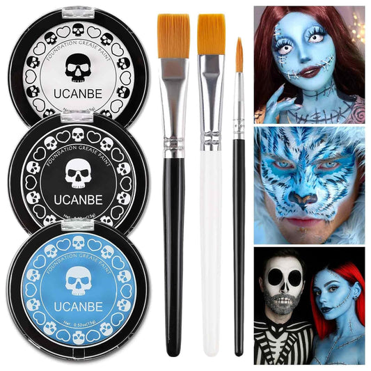 White Black & Light Blue Face Body Paint for Halloween Sally & Corpse Bride Makeup, Non-Toxic Face Painting Kit with Brushes for Kids Adults Smurf Avatar Mermaid & Demon Costume Cosplay SFX Make Up