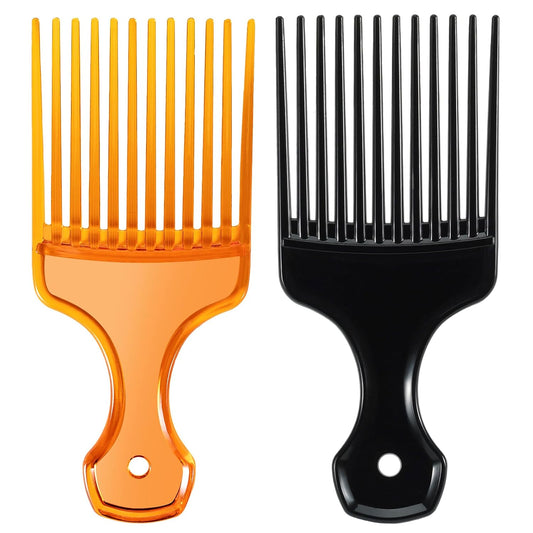 SIMPOR 2 Pcs Hair Pick Comb Wide Tooth Lift for Hair Styling Detangling Plastic Afro Pick for Women Men (Clear Orange, Black)