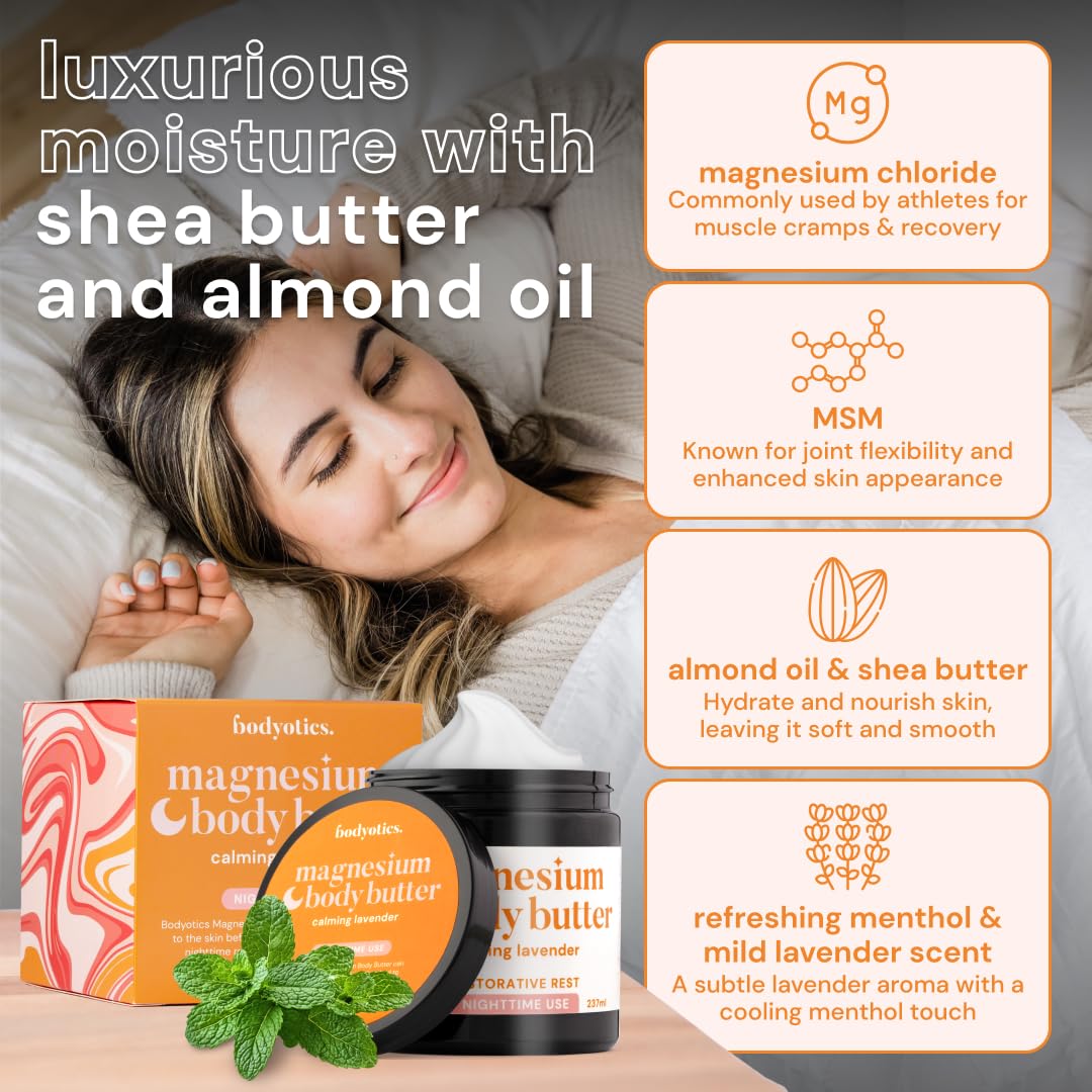 Bodyotics Magnesium Body Butter - Nighttime Magnesium Cream For Women, Pregnancy & Postpartum Comfort (Calming Lavender Scent, 8oz)