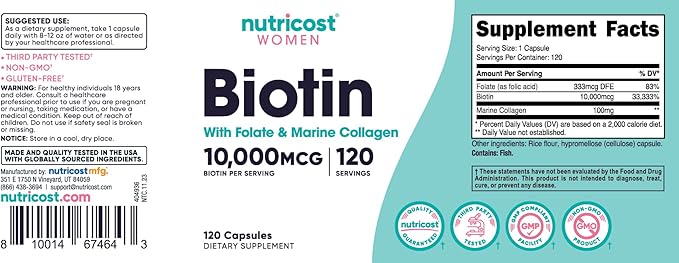 Nutricost Biotin for Women 10,000mcg 120 Capsules - with Folate & Collagen, Gluten Free & Non-GMO