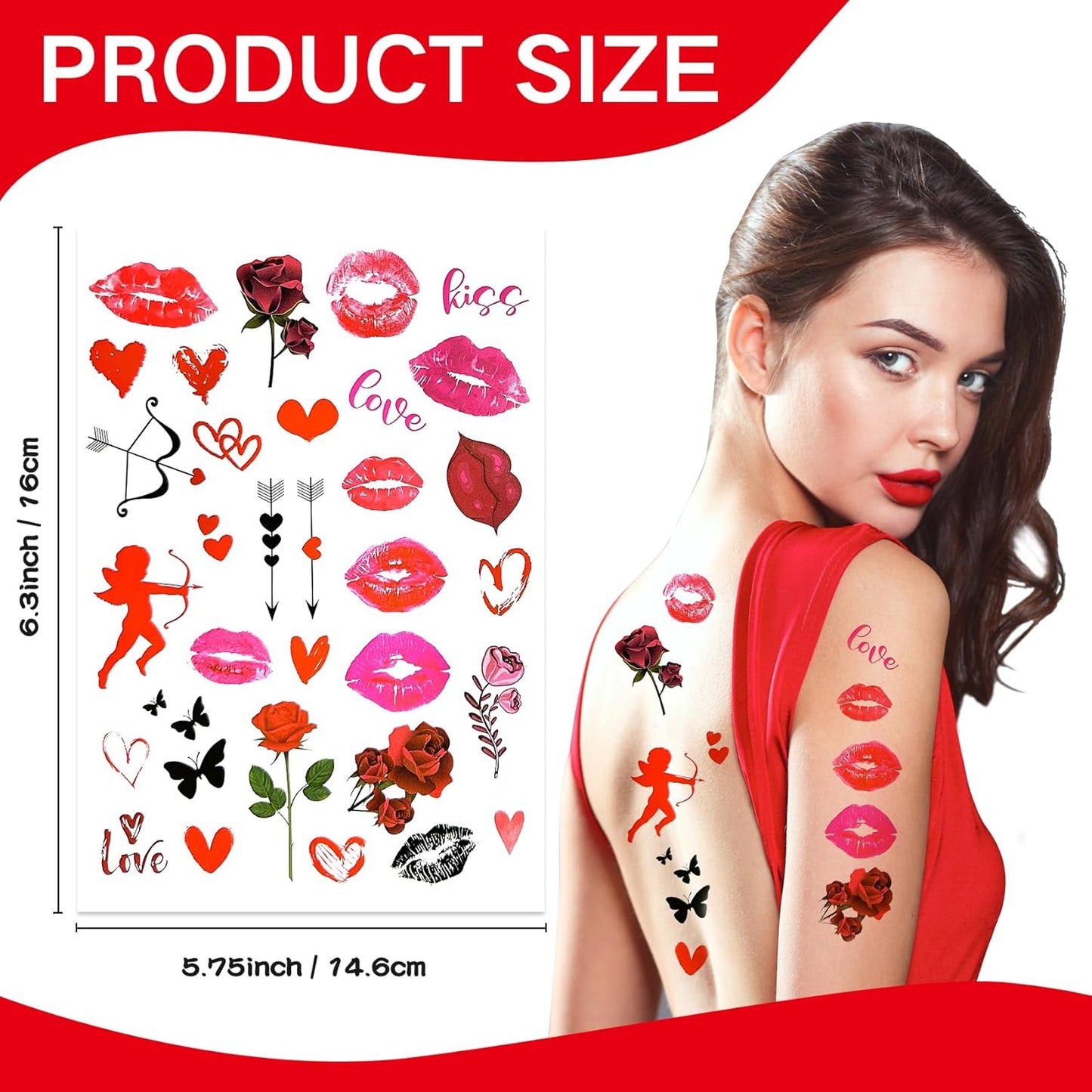 8Sheets Valentine's Day Kiss Tattoos Temporary Red Lips Fake Tattoos Self-adhesive Waterproof Stickers for Adult Women Girls Face Body Decoration