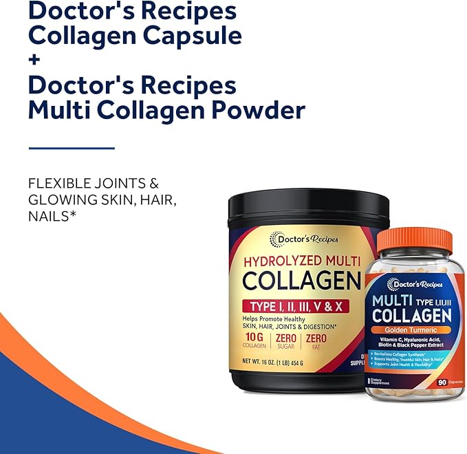 Doctor's Recipes Multi Collagen Peptides Powder 16oz and Multi Collagen Capsules 90 Caps